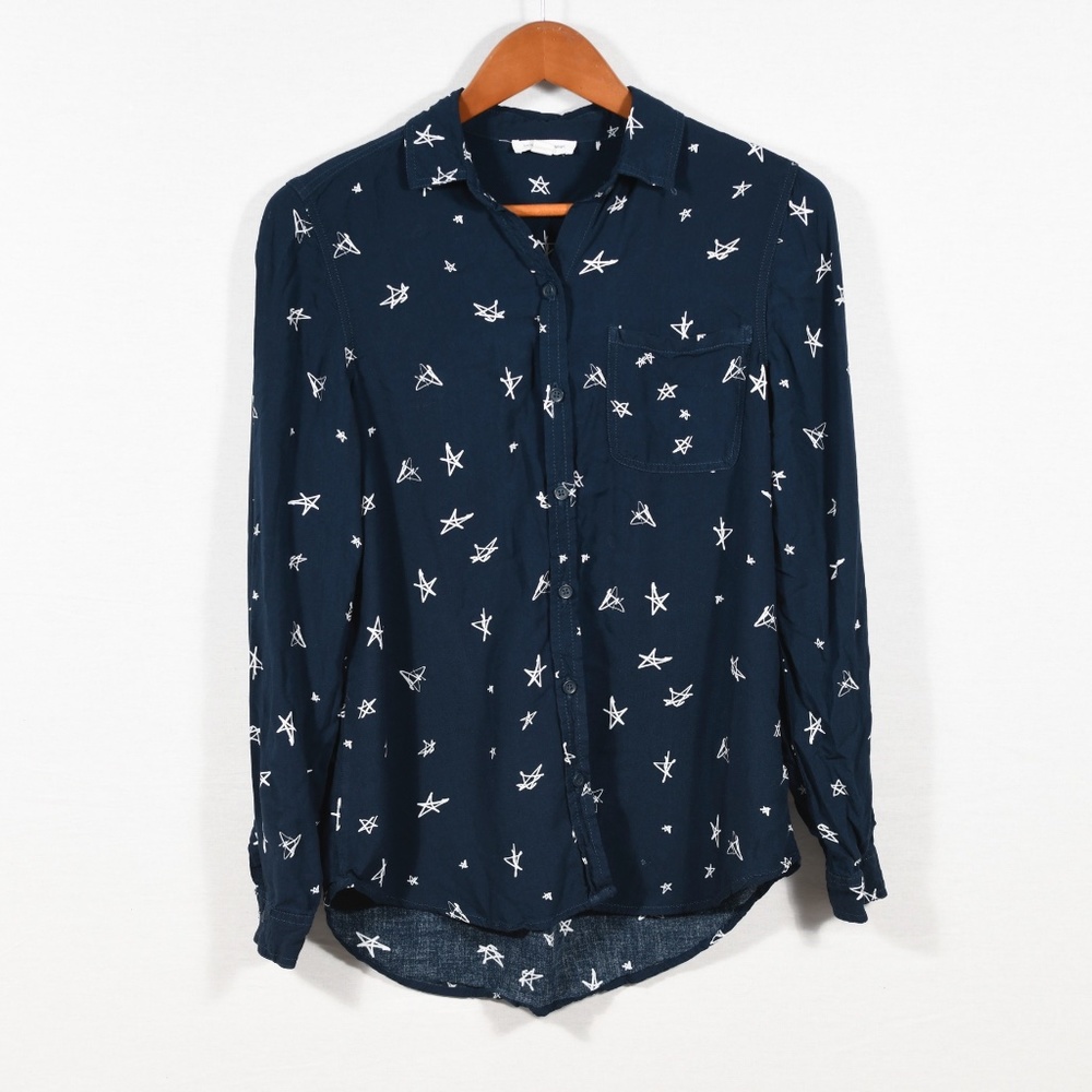 BeachLunchLounge Star Pattern Blue Button Up, Women's S